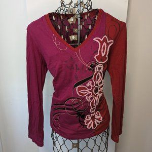 Indigo Palms Embroidered XL top - beautiful asymetrical color NWOT